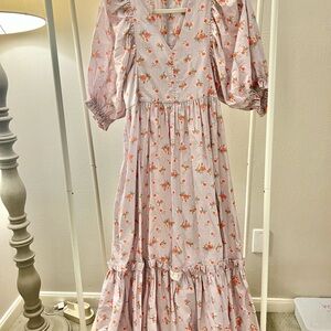 HUNTER BELL Lavender Long Dress with Puff Sleeves and V-Neck